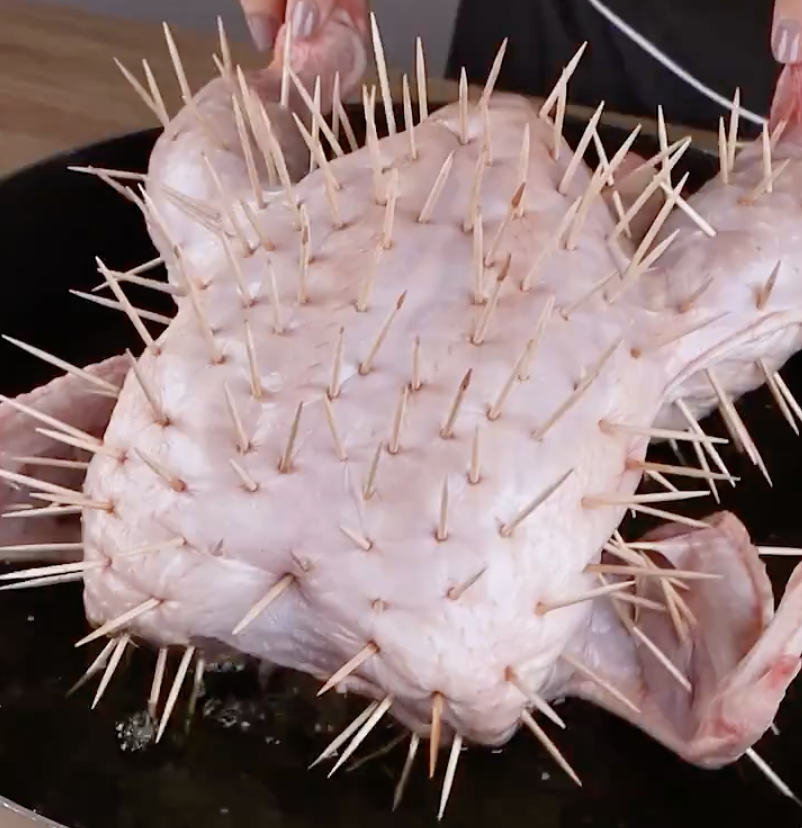 toothpics inserted into a whole chicken